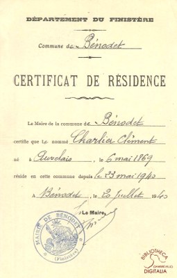 Certificat de résidence de Clément CHARLIER