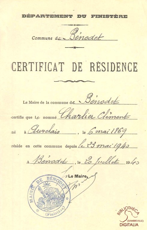 Certificat de résidence de Clément CHARLIER