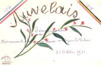 Carte souvenir réalisée à la main comportant l'inscription : Auvelais, Inauguration du Monument aux Héros morts pour la Patrie, 23 octobre 1921