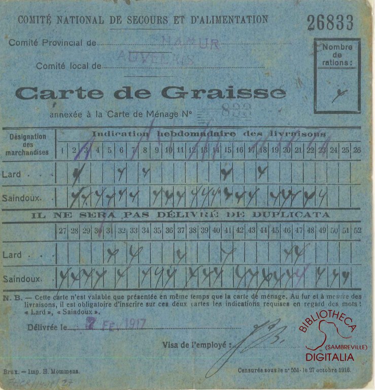 Comité National de Secours et d'Alimentation - Carte de graisse