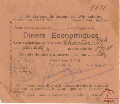 Comité National de Secours et d'Alimentation. Ticket des Dîners économiques