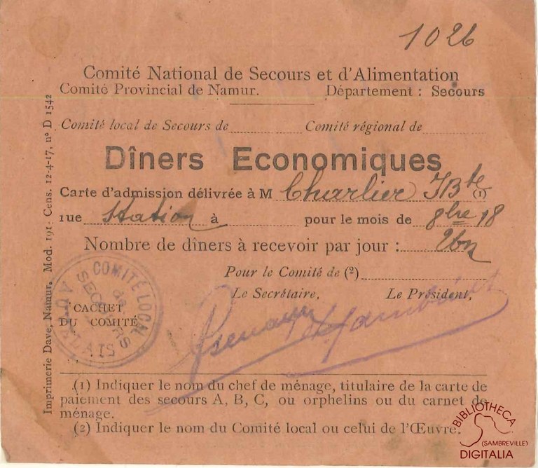 Comité National de Secours et d'Alimentation. Ticket des Dîners économiques