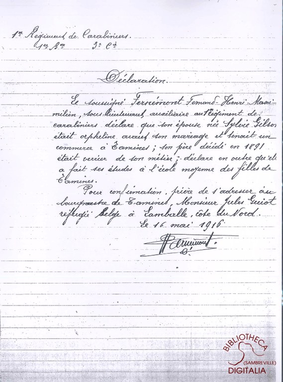 Déclaration du sous-lieutenant auxiliaire au 1er régiments de carabiniers Fernand Henri Maximilien FERNEMONT au sujet de la filiation de son épouse.