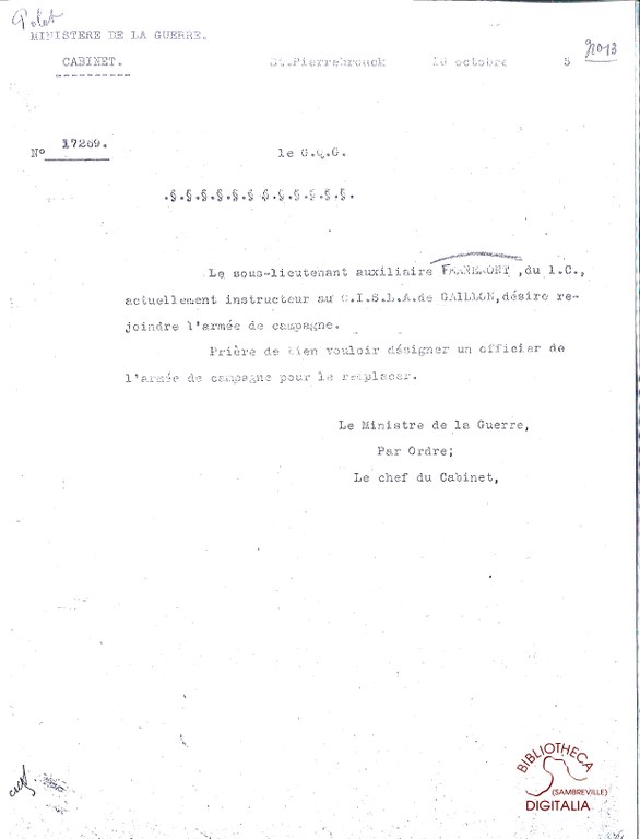 Demande d'affectation de F.H.M. FERNEMONT dans l'armée de campagne.