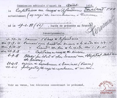 Etat de la Commission médicale d'appel du mois d'août 1919 relative au Capitaine en second d'infanterie Fernand Henri Maximilien FERNEMONT