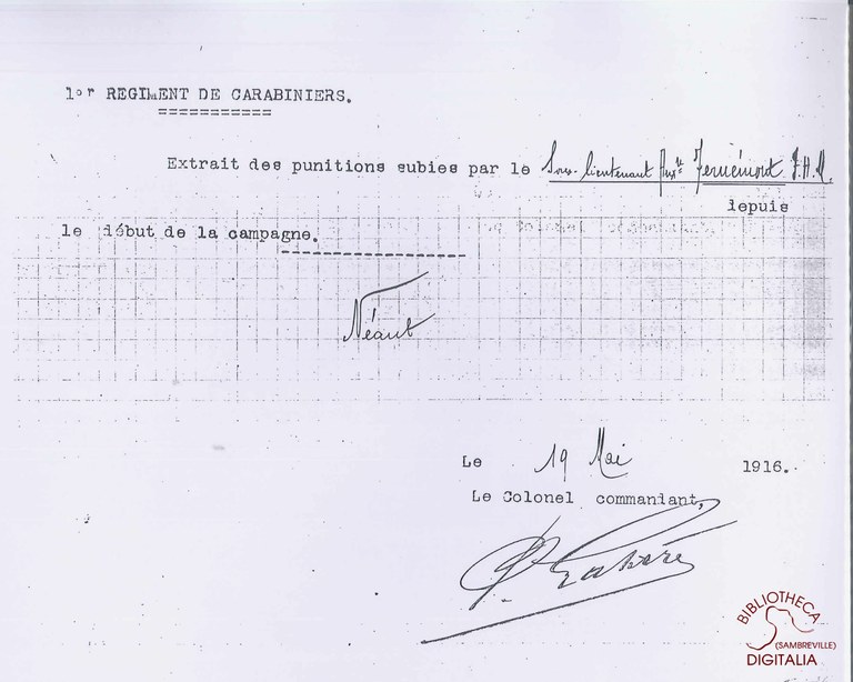 Régiment des carabiniers. Extrait des punitions subies par le sous-lieutenant FERNEMONT, daté du 19 mai 1916