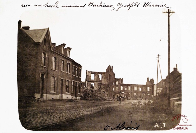 Tamines maison Barbieaux, Grosfils et Warnier (rue centrale) après août 1914