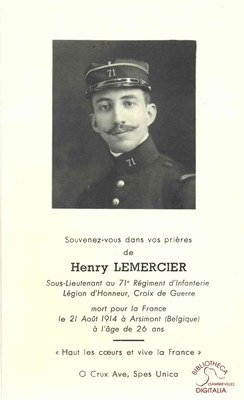 Le soldat français Henry LEMERCIER (sous-lieutenant) mort le 21 aout 1914 à Arsimont