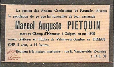 Avis de décès de Marcel Auguste PIETQUIN