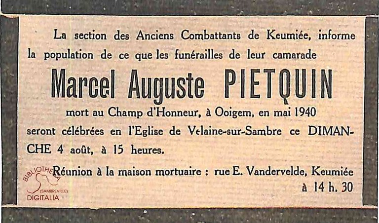 Avis de décès de Marcel Auguste PIETQUIN