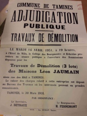 Affiche concernant des travaux de démolition des maisons Léon JAUMAIN (rue des Haz à Tamines)