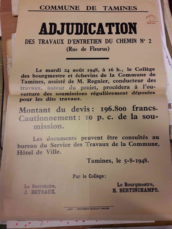 Tamines : Affiche concernant des travaux d'entretien du chemin n°2 (Rue de Fleurus)