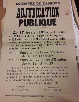 Affiche concernant l'entretien de la rue Sainte Barbe et de la rue Hamion