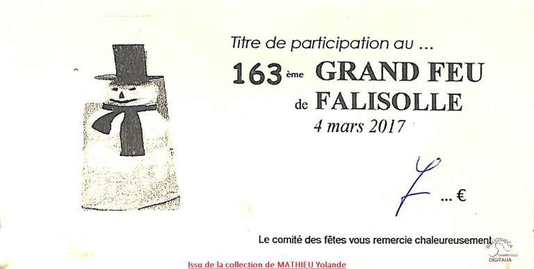 Falisolle : titre de participation au 163ème Grand feu de Falisolle le 4 mars 2017