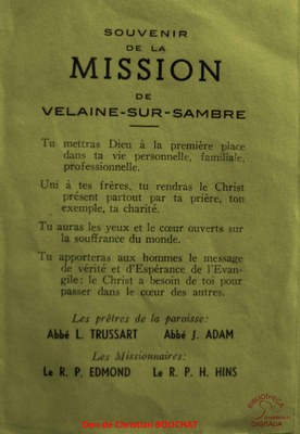 Souvenir de la mission de Velaine sur Sambre