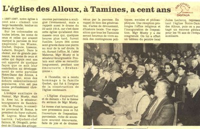Tamines : "l'Eglise des Alloux à Tamines a cent ans" 1887-1987