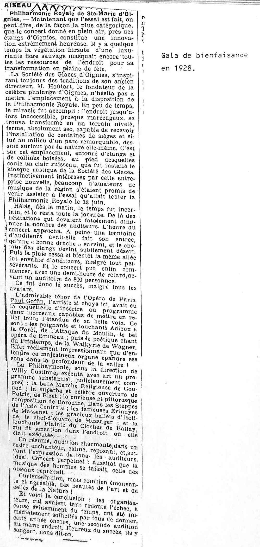 Article de journal pour un "gala de bienfaisance" daté de 1928