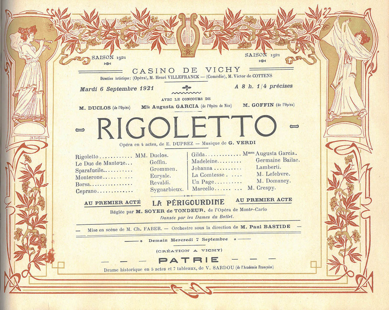 Paul GOFFIN dans Rigoletto au Casino de Vichy le 6 septembre 1921 issu du "Fonds Musée de l’Opéra de Vichy"