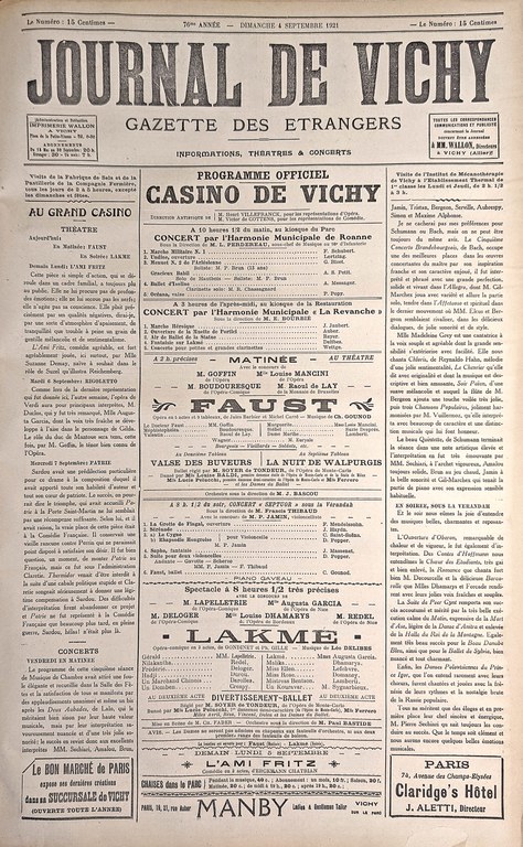 Article du "Journal de Vichy" du 4 septembre 1921 issu du "Fonds Musée de l’Opéra de Vichy"