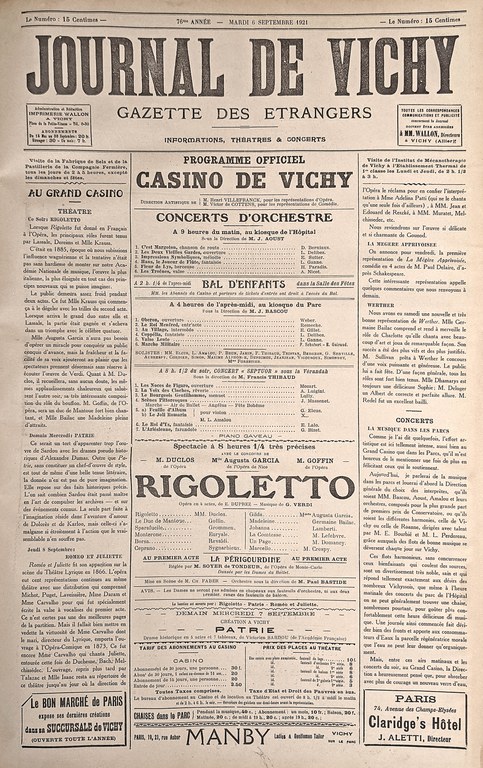 Article du "Journal de Vichy" du 6 septembre 1921 issu du "Fonds Musée de l’Opéra de Vichy"