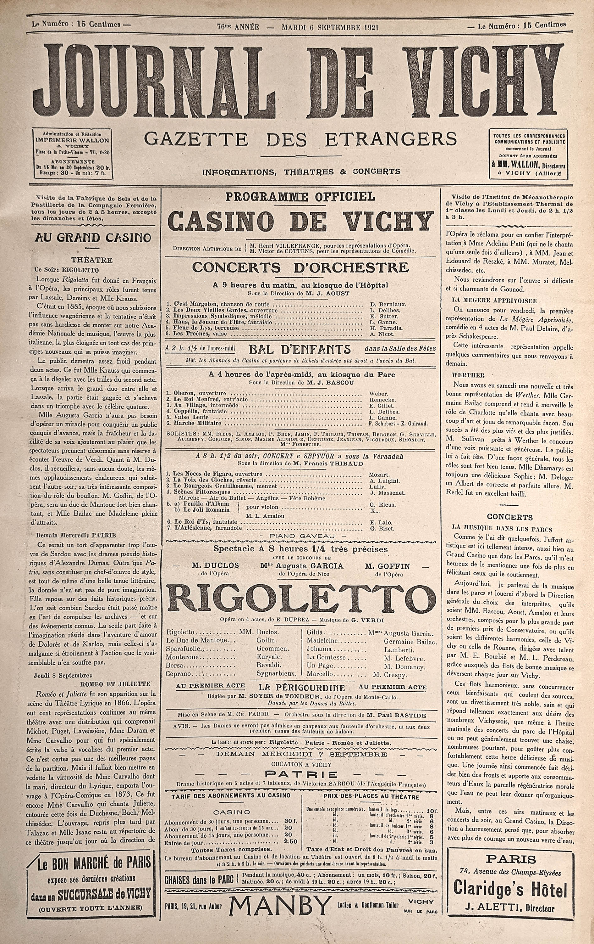 Article du "Journal de Vichy" du 6 septembre 1921 issu du "Fonds Musée de l’Opéra de Vichy"