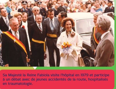 Auvelais : la Reine Fabiola visite l'hôpital en 1979