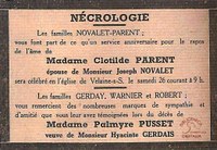 Annonce du décès de Clotilde PARENT épouse Joseph NOVALET, et les remerciement de la famille de Palmyre PUSSET