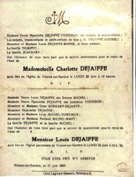 Avis d'anniversaire du décès de Charlotte DEJAIFFE du 17 juin 1925 et avis de service de quarantaine pour le repos de Louis DEJAIFFE