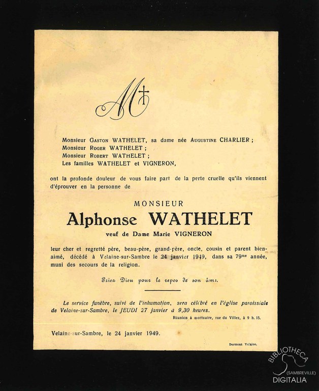 Avis de décès d'Alphonse WATHELET