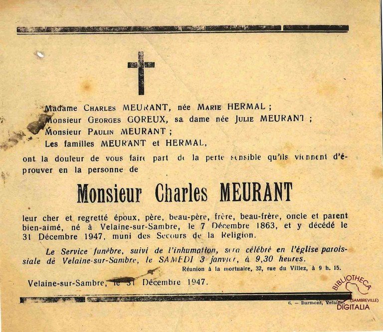 Avis de décès de Charles MEURANT