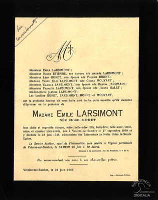 Avis de décès de Madame Emile LARSIMONT