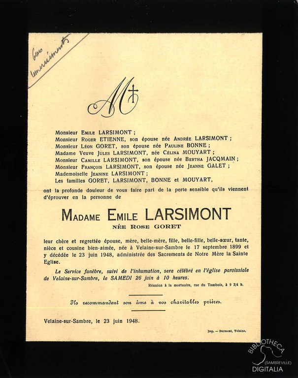 Avis de décès de Madame Emile LARSIMONT