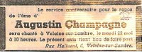 Avis d'un service anniversaire pour Augustin CHAMPAGNE (de Velaine-sur-Sambre)