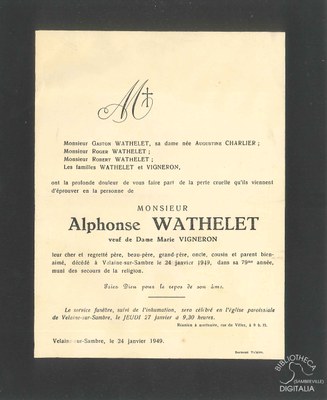 Faire-part de décès d'Alphonse WATHELET