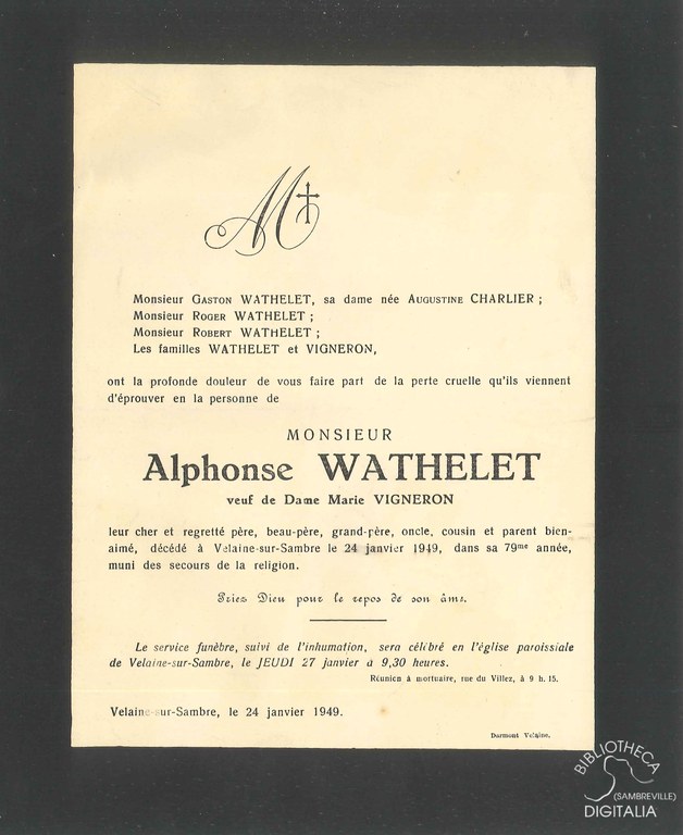 Faire-part de décès d'Alphonse WATHELET
