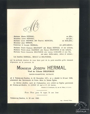 Faire-part de décès de Joseph HERMAL