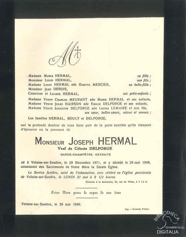 Faire-part de décès de Joseph HERMAL