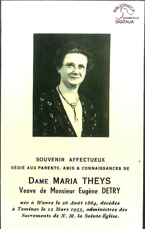 Souvenir de décès de Dame Maria THEYS