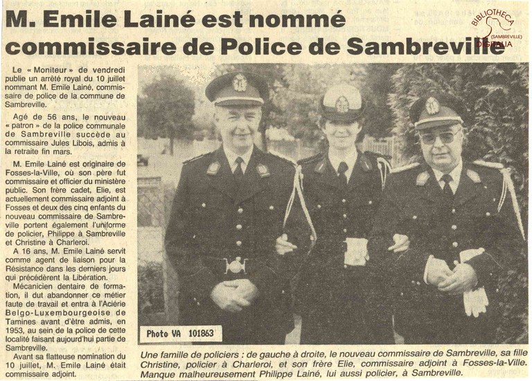 Sambreville : "M. Emile LAINE est nommé commissaire de Police de Sambreville