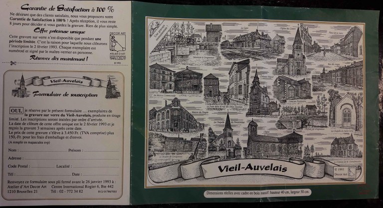 Auvelais : feuillet publicitaire pour la conception d'une gravure sur verre du vieil Auvelais