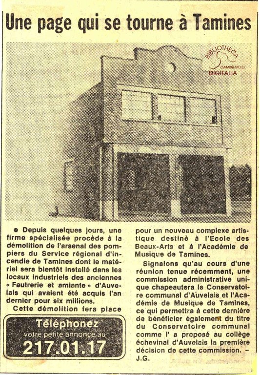 Tamines : démolition de la Caserne des pompiers pour y construire la future Académie