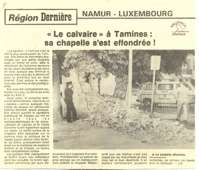 Tamines : place du jumelage : "le calvaire" à Tamines : sa chapelle s'est effondrée !"